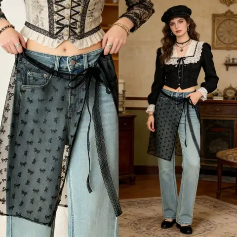 Women Lace Waist Belt with Triangular Hem Scarf, Fashion Layered Skirt Waist Decorative