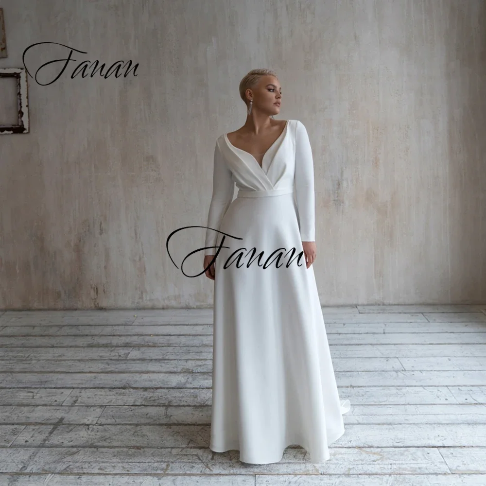 Nieuwe Eenvoudige V-hals Lange Mouwen Trouwjurk Vloer Lengte Plus Size Bruidsjurk Robe De Soiree De Mariage Свадебное Платье