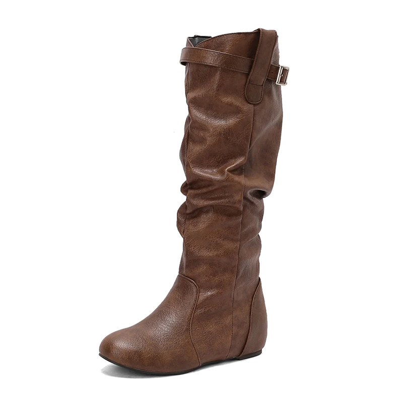 

Women Knee High Slouchy Boots Wide Calf Height Increasing Tall Booties Size Zip Pull On Buckles Classic Shoes