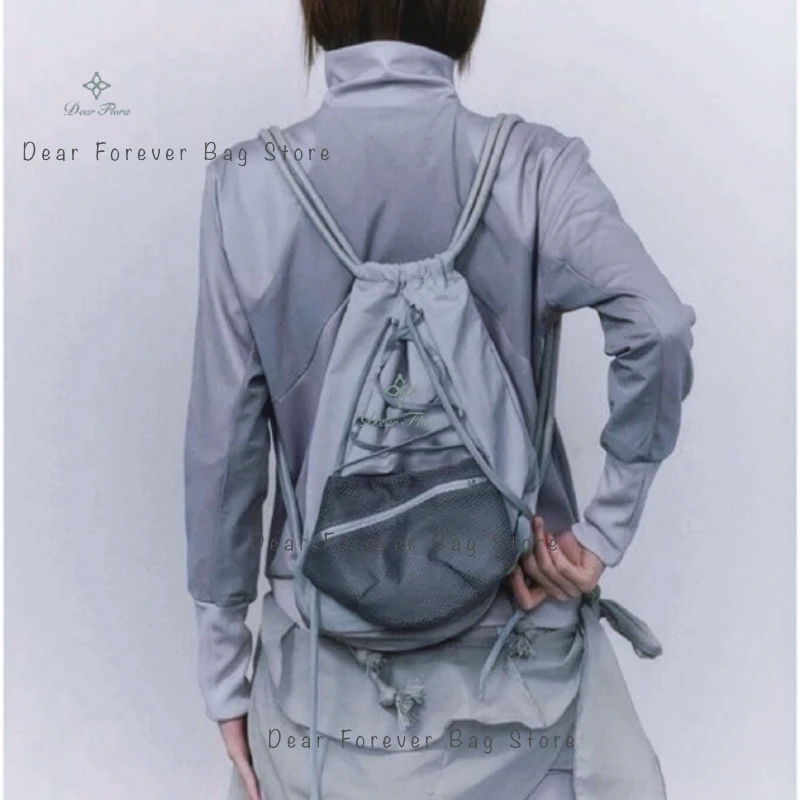 Y2K Korean Fashion Nylon Drawstring Backpack Casual Preppy High-Capacity Tote Bag Detachable Net Travel Bag Streetwear Sport Bag