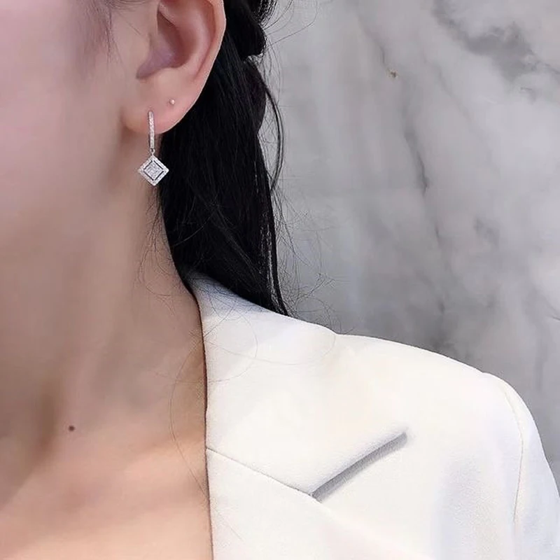 Huitan Luxury Silver Color Dangle Earrings for Women Square Pendant Fashion Bride Wedding Earrings Good Quality Female Jewelry view 4