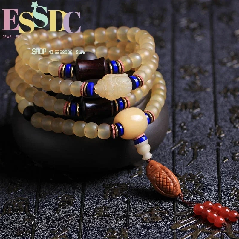 Trendy Tibetan 8MM Natural Sheep Horn 108 Beaded  Men and Women Multi-circle Prayer Meditation Bracelets for women