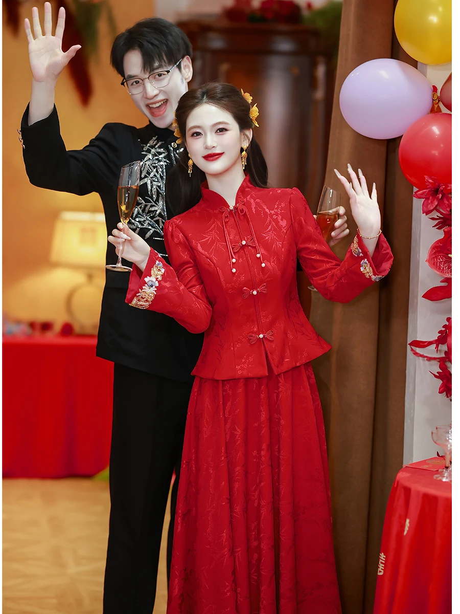 

Young Bride Winter Wedding Dr Set New Chinese Sle Young Model Engagement High End Ele Long Sve Zipper Ba Polyester