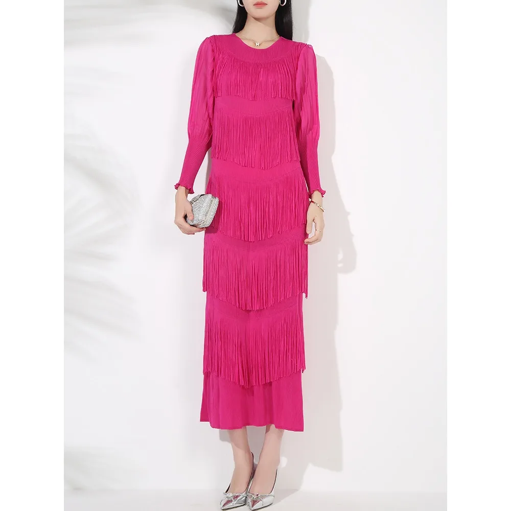 Vintage O-Neck Elegant Long Lantern Sleeve Chic Tassel Slim Long Dress French Fashion Evening High Street Autumn Winter Clothing