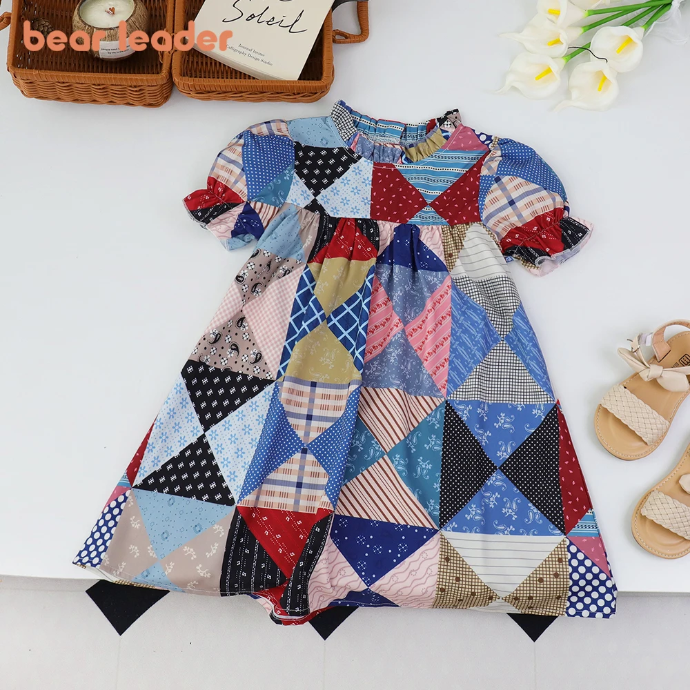 Bear Leader Summer Baby Girls' Patchwork Dresses Bubble Sleeves Multi Color Checkered Dress 3 To 7 Years Casual Kids Clothing