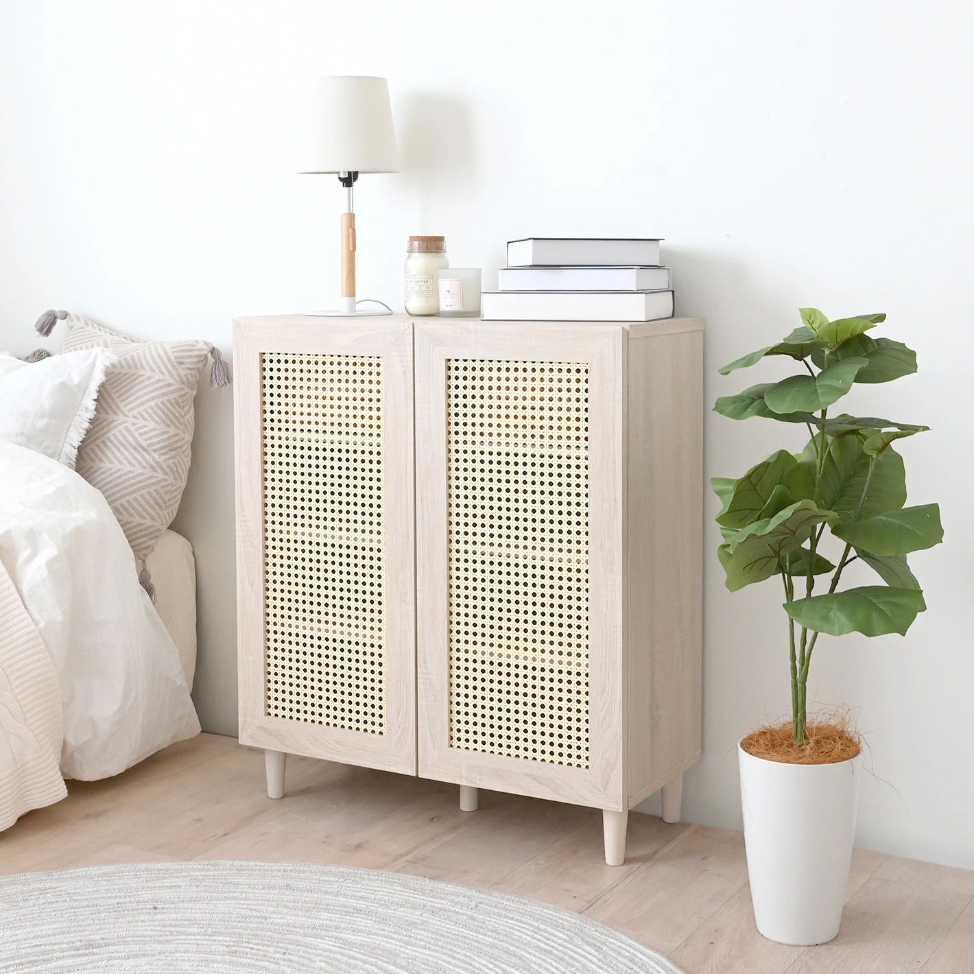 Modern Nordic Style White Natural Color MDF Wood Cabinet Unique Design Multi-Function Medium Size Rattan Door Storage Lockers