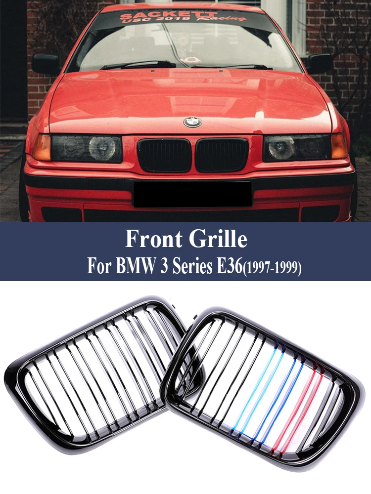 For BMW 3 Series E36 LCI 1997 1998 1999 Front Bumper Kidney Grille Dual Slat M Color Gloss Black M Tech Grills Facelift Cover