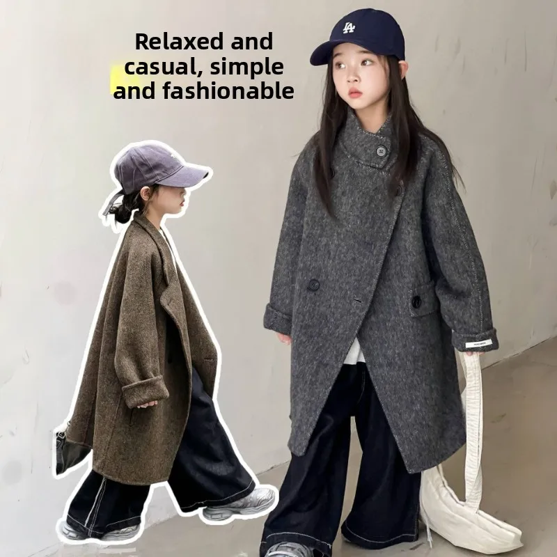 

Korean Kids Reversible Wool Coat, Girls Big Children Long Wool Blend Jacket for Autumn Winter