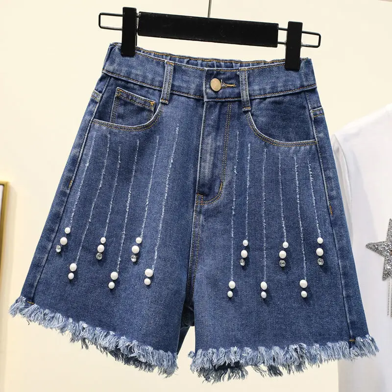 Vintage High Waisted Washed Denim Shorts Women 2025 Summer New Loose Wide Leg Jeans Casual Beading Short Jeans