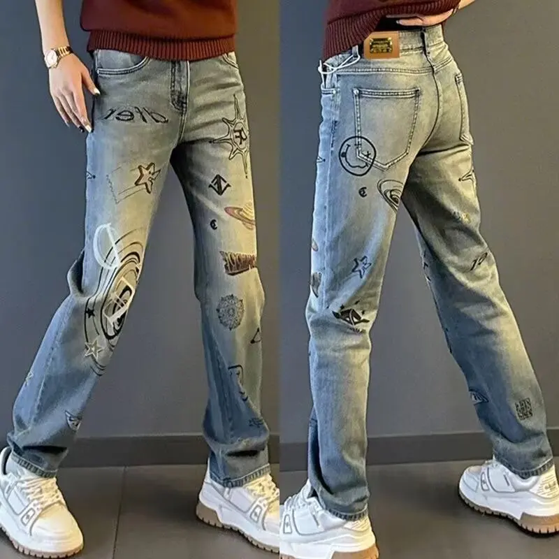 Men Blue Denim Jeans letter print Jeans Italian High Street Style Denim Pants High Quality Male Slim Fit Denim Trousers Size 38