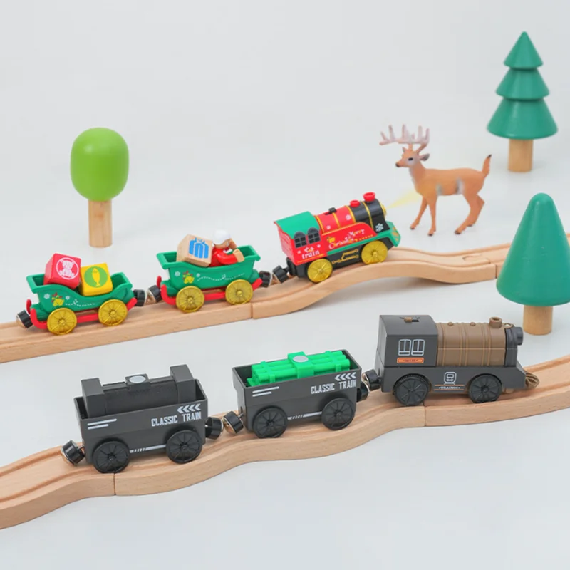 ใหม่ชุดรถไฟไฟฟ้าใช้งานร่วมกับ Thomas รถไฟไม้รถไฟของเล่นสําหรับเด็กของขวัญวันเกิดคริสต์มาส