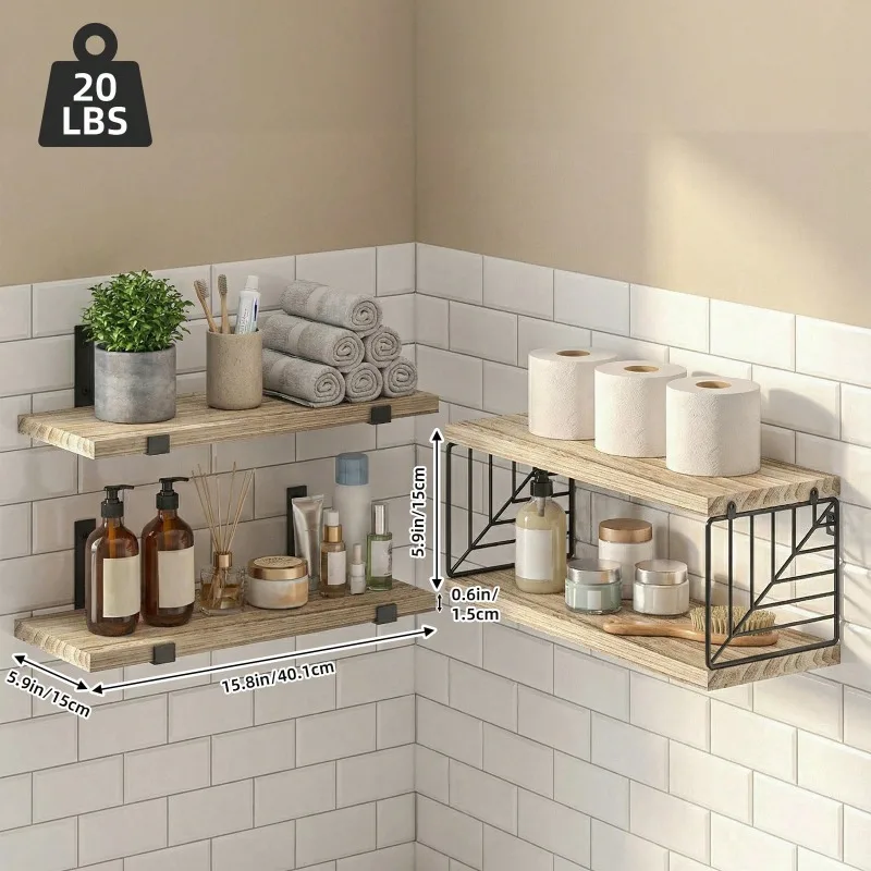 3-1 4-1 Tier Bathroom Floating Shelves Over Toilet, 15.8in Farmhouse Rustic Wood Shelves, Bathroom Shelves Over Toilet, Wall Decor For Bathroom, Living Room, Bedroom And Kitchen, Bathroom Organizer, Room Decor