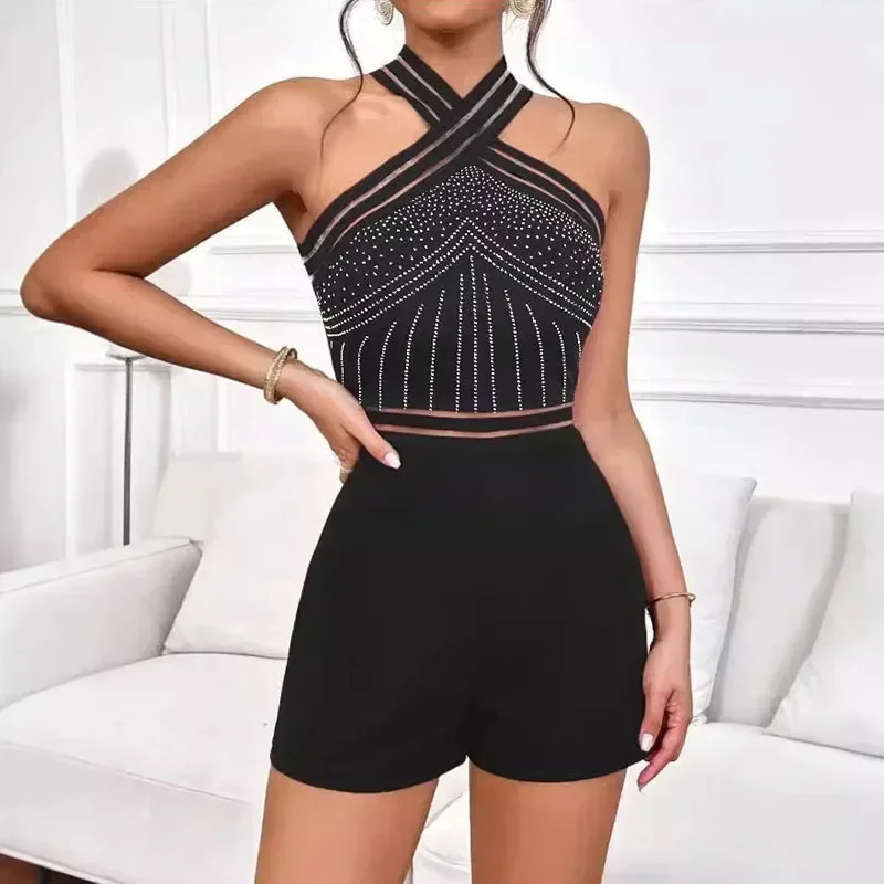 

Diamonds Rhinestone Rompers Women Playsuit Sleeveless Halter Sheer Mesh Patchwork One Piece Jumpsuit Club Party Birthday Outfits