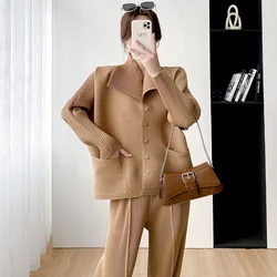Miyake Fashion Loose Relaxed Elegant Comfortable Simple Versatile Set 2023 Summer New Pleated Women tops+ Pants Two Piece Set