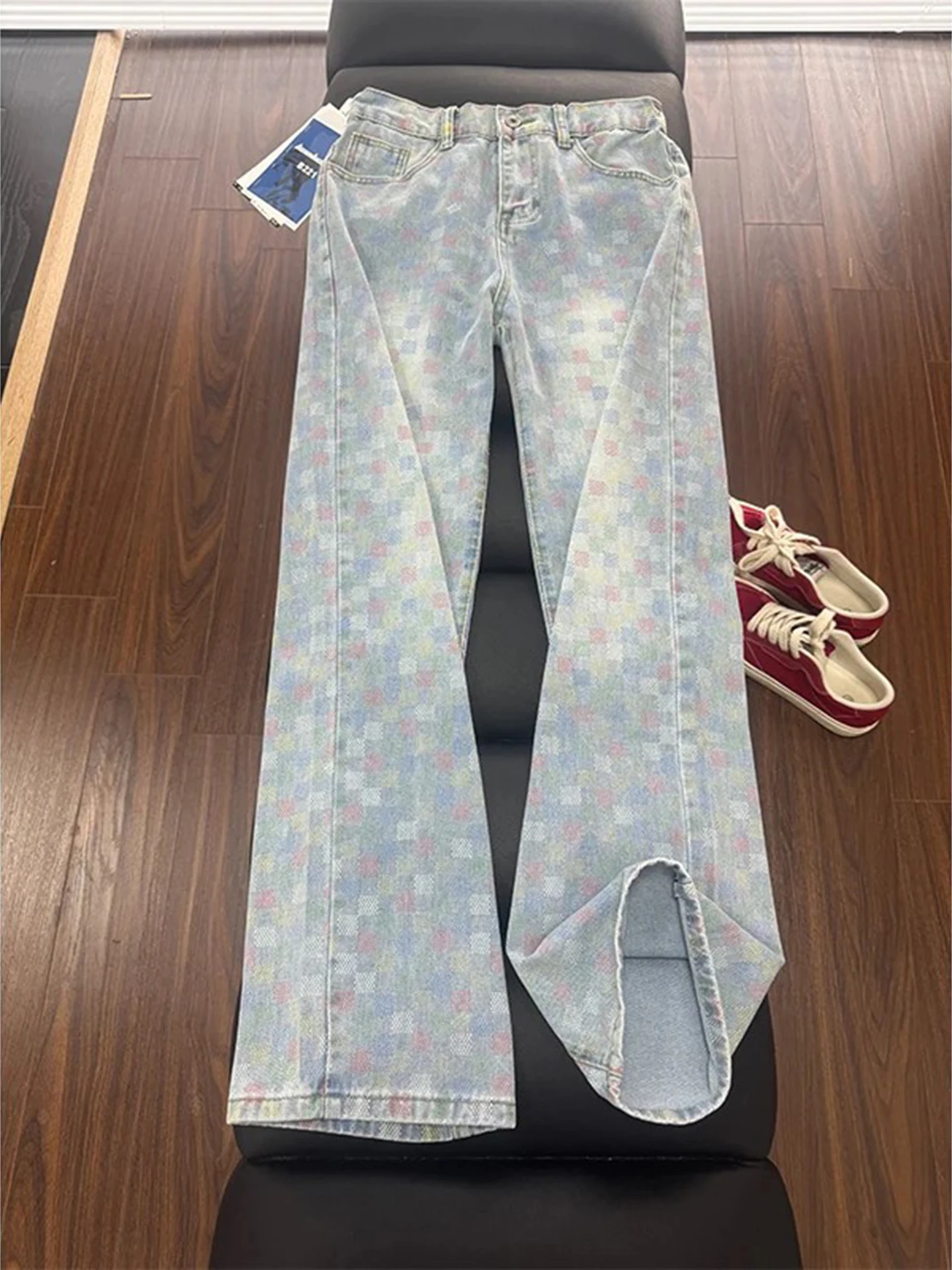 

Blue Plaid Embroidered Slim Fit Straight Leg Jeans Men's Autumn Extended American High Street Vibe Pants Micro Flared Legs