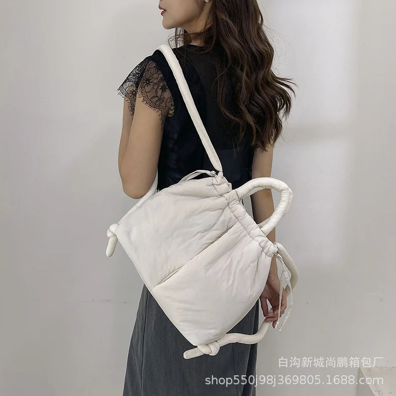2024 Casual Nylon Padded Tote Bag Vintage Large Capacity Shoulder Bag Women Lady Simple Handbag Drawstring Backpack