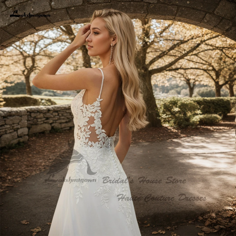 Lakshmigown Vintage Spitzen-Boho-Hochzeitskleider 2026 Sukienki Puffy Chiffon Strand-Brautkleider mit Spitzen-Spaghettiträgern nach Maß – Detail 3