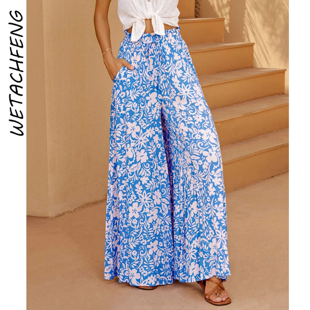 

Women Summer Bohemian Floral Loose Casual Pants Lace Up Folds High Waist Wide Leg Printed Pants 2024 Fashion Trouser Clothes