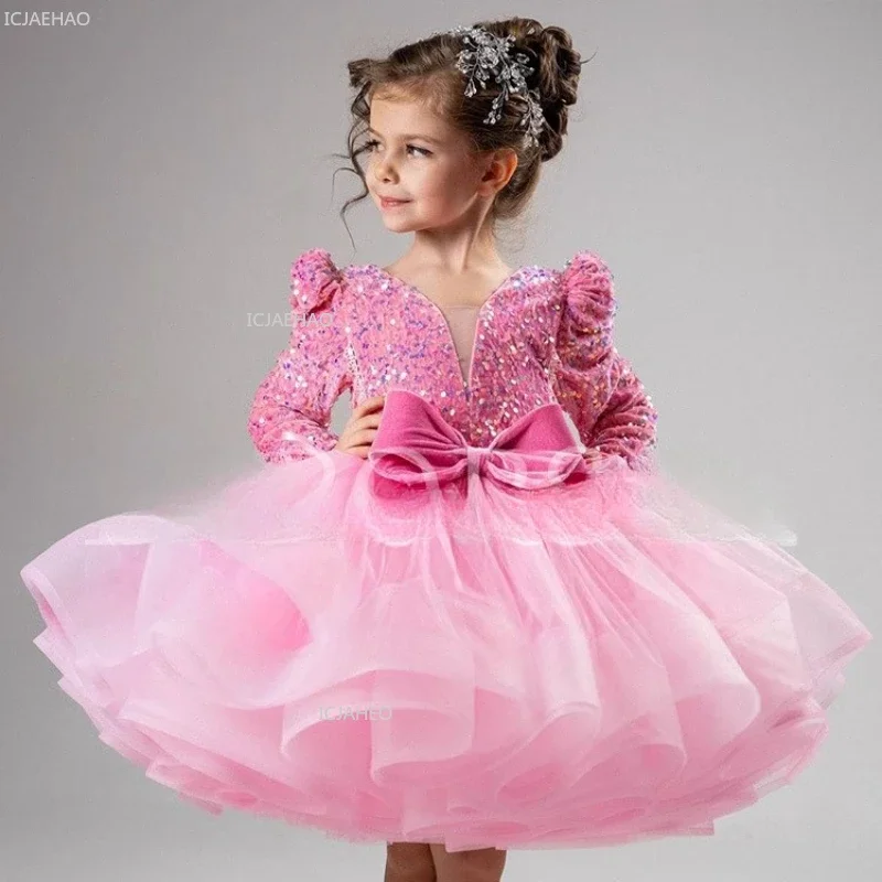 

Kids Girls Velvet Long Sleeve Dress Children Gown for Piano Performance Host Birthday Party Dresses Sequin Tiered Princess Party