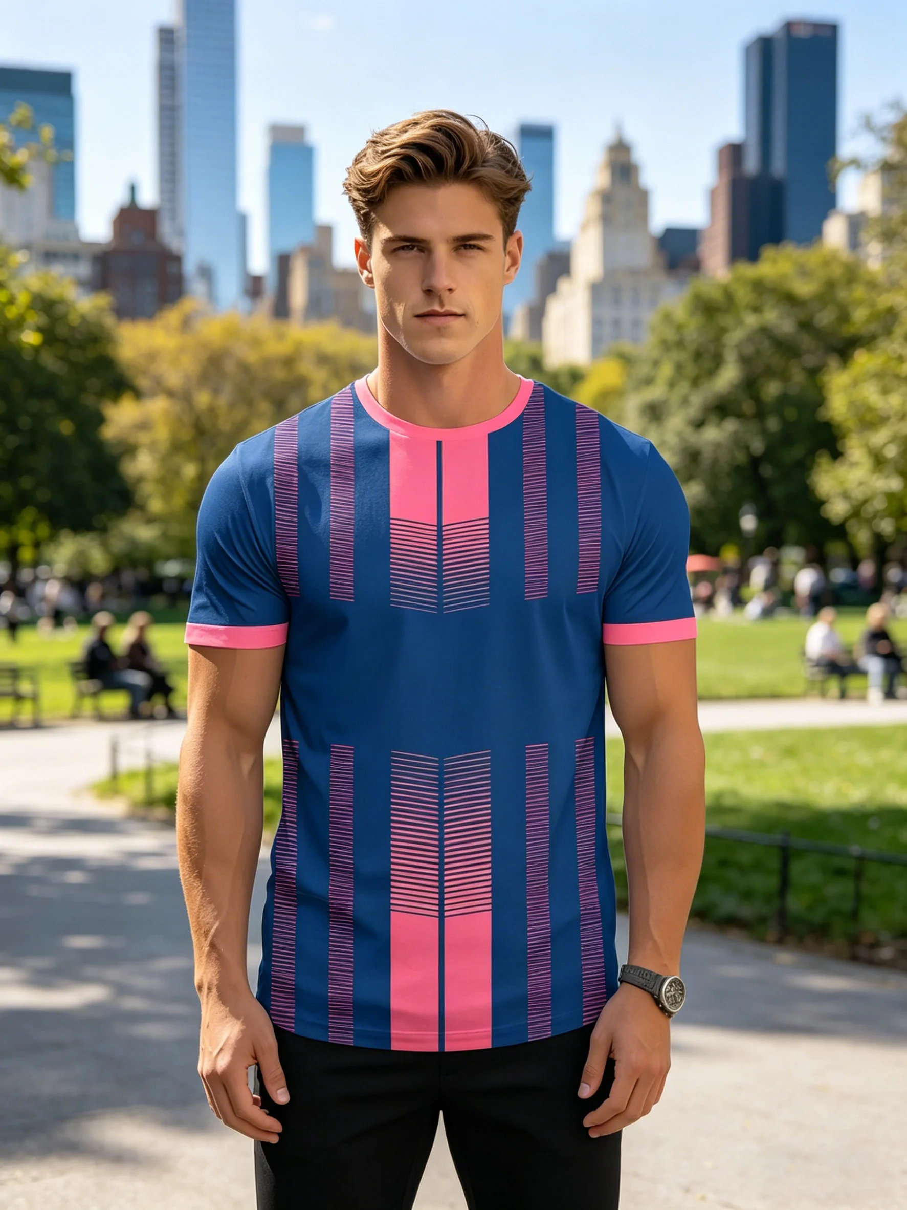 Men Mesh Sports T‑Shirt Geometric Vertical Stripe O‑Neck Short Sleeve Summer Slim Athletic Casual Top