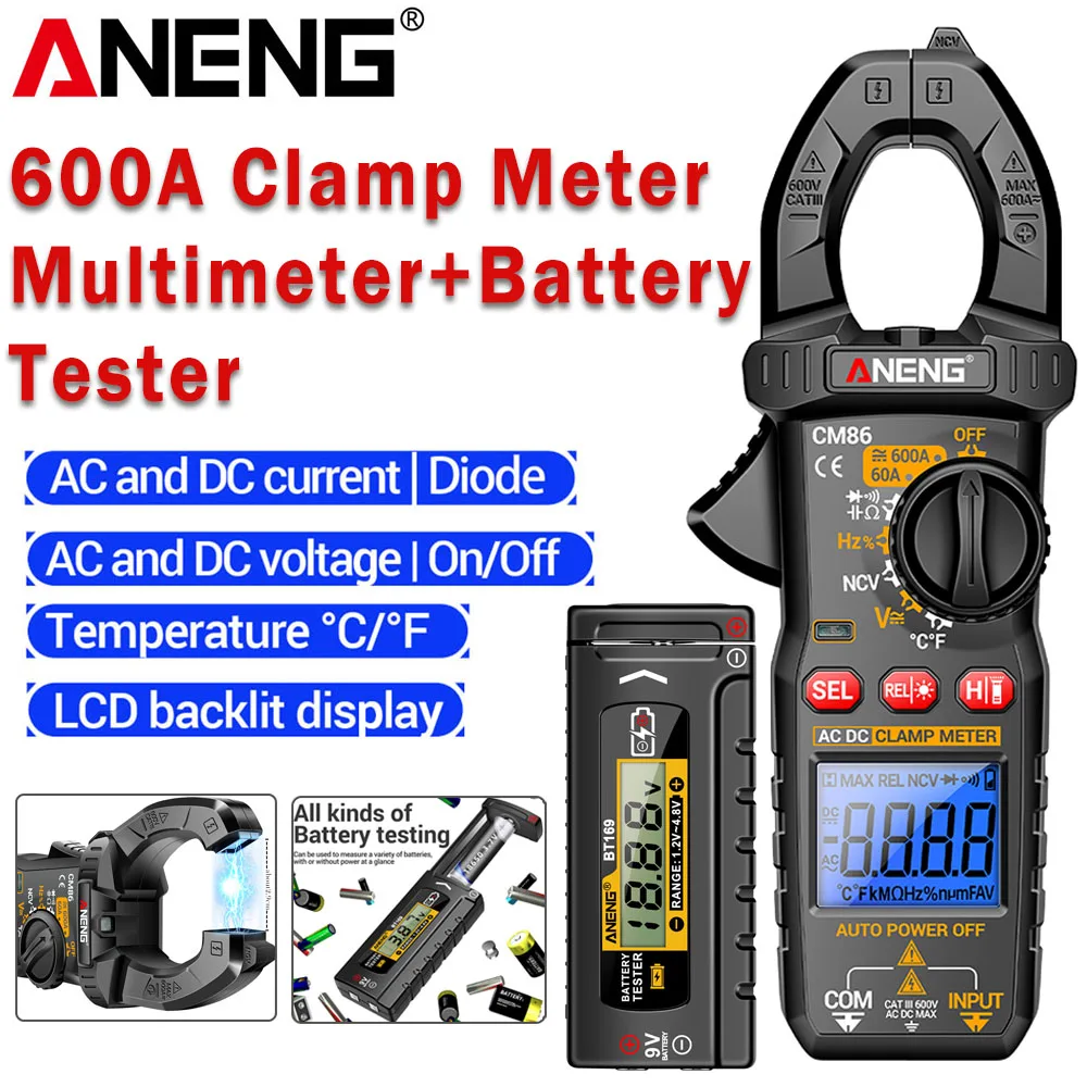 600A AC/DC Current Clamp Meter Multimeter Digital Voltage Diode Tester ANENG CM86+BT169 Universal Battery Professional Detector