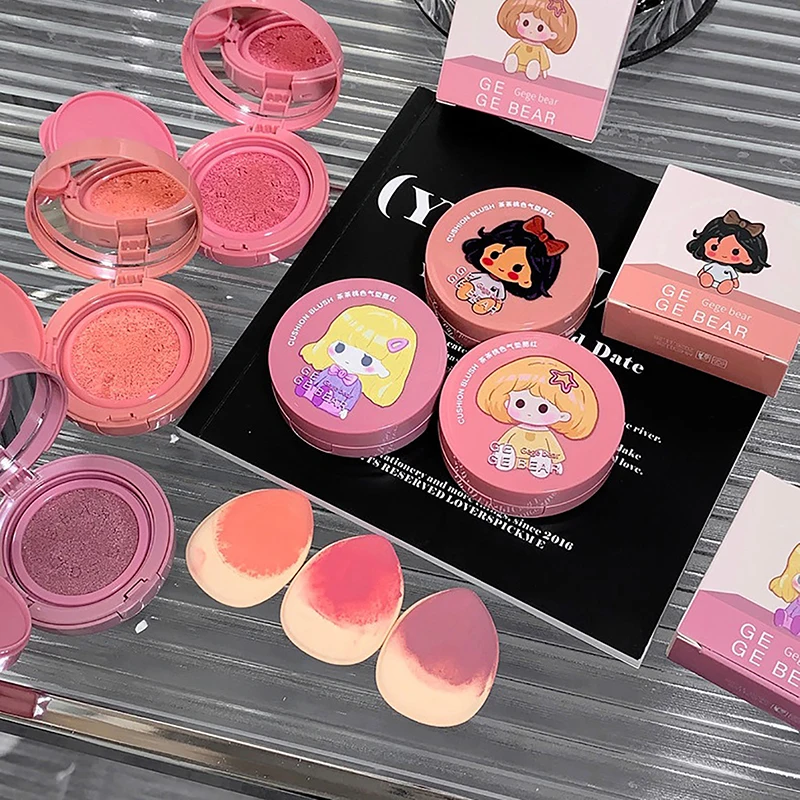 Girls Air Cushion Blush Cream Strawberry Face Blusher Natural Matte Cheek Tint Rouge Contour Mousse Blush With Sponge Puff