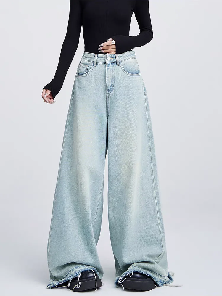 

Women's High Waisted Vintage Baby Blue Loose Jeans American Street Style Cowboy Pants Female Wide Leg Casual Straight Trousers