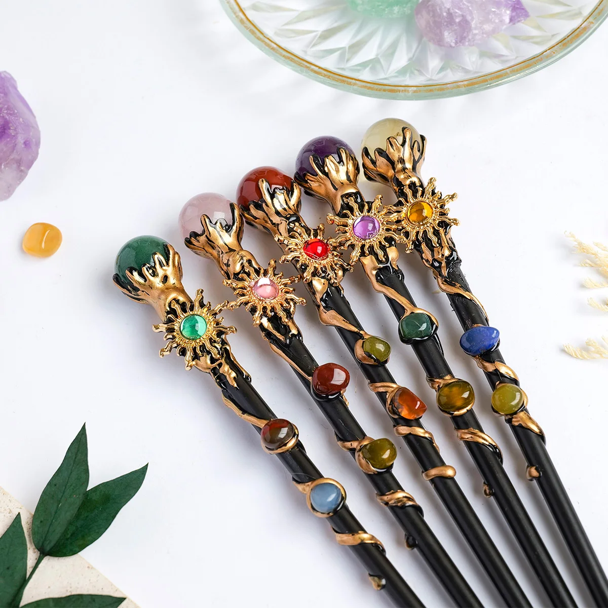 1pc Natural Crystal Magic Wand Crystal Ball Sunflower Fairy Wand DIY Handmade Wand Prop Holiday Gift