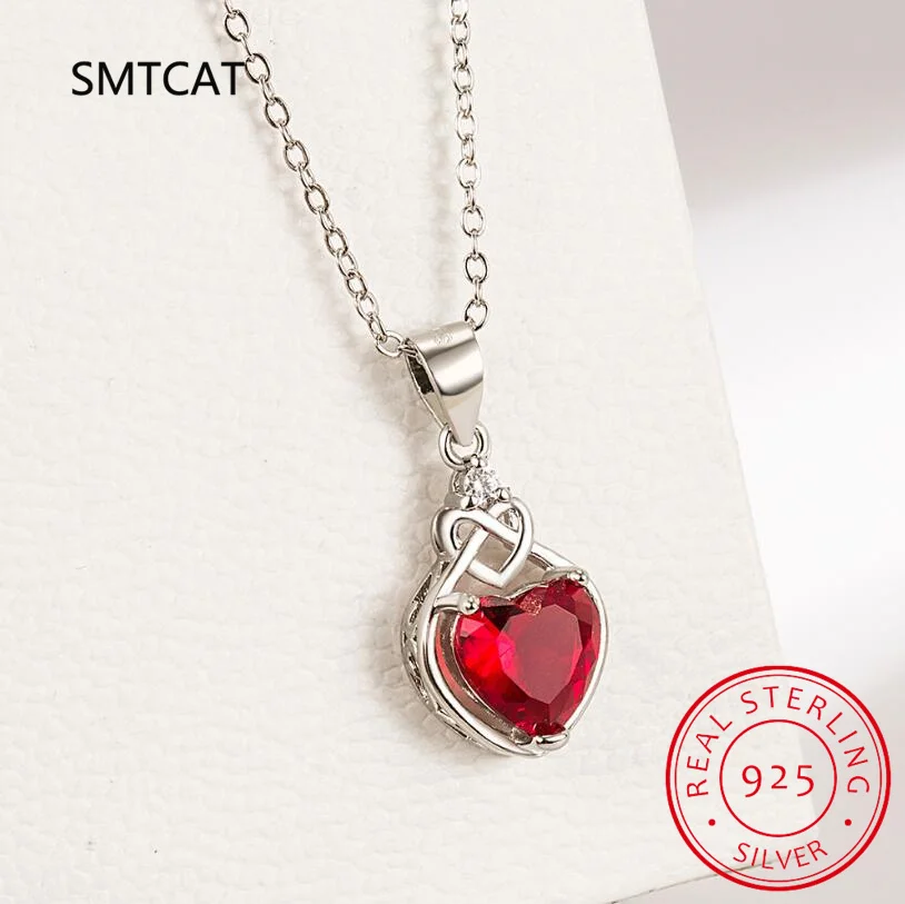 Heart Knot Created Red Ruby 925 Sterling Silver Pendant Necklace for Women Gemstone Jewelry Choker Colar de Prata