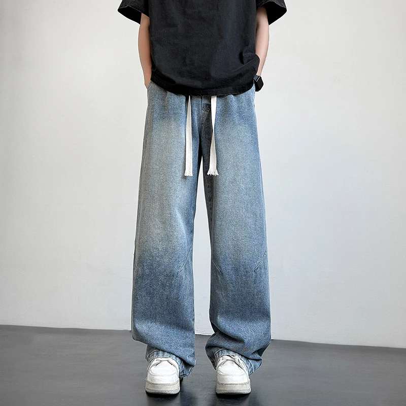 

Новинка 2025, мужские повседневные длинные джинсы в стиле HIHOP, классические джинсовые широкие брюки прямого кроя, однотонные светло-голубые, серые, черные