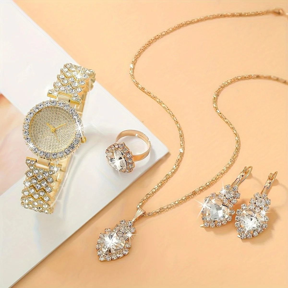 1pc Rhinestone Decor Quartz Watch Luxury Starry Dial Analog Party Dress Watch & 4pcs Jewelry Set, Gift For Mom/Her