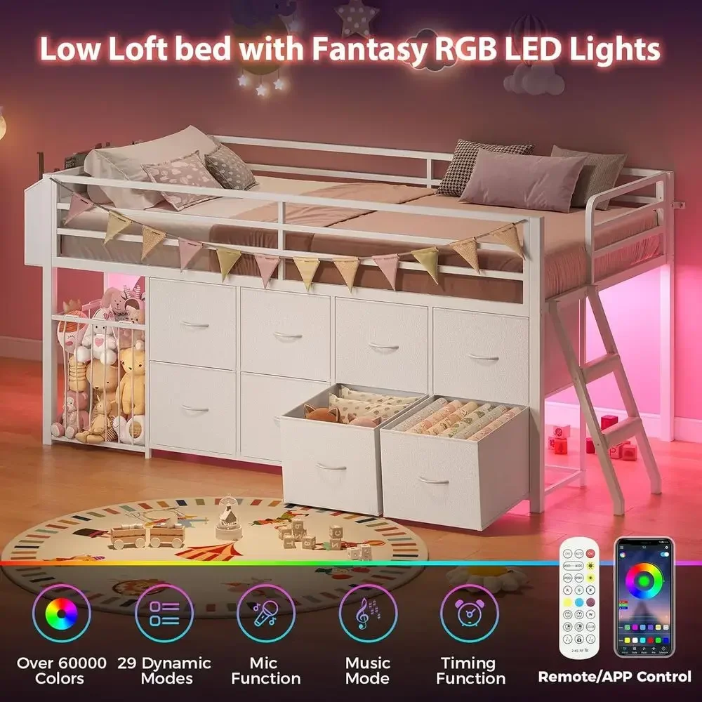 Twin Size Low Loft Bed with RGB Lights, 8 XL Drawers, Kids Play Area, 2-Step Ladder, Anti-Tip Kit (White) view 3