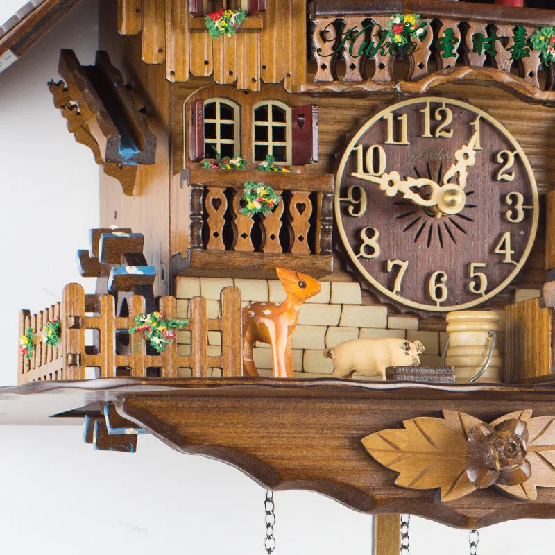 Wood Quartz Cuckoo Wall Clock Light Control Musical Couple Design Home Decor