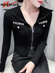 MadBlack European Clothes Jacket Women Turn Down Collar Zipper Slim Knit Crop Top Casual Long Sleeve Coat Autumn Winter T38715JM