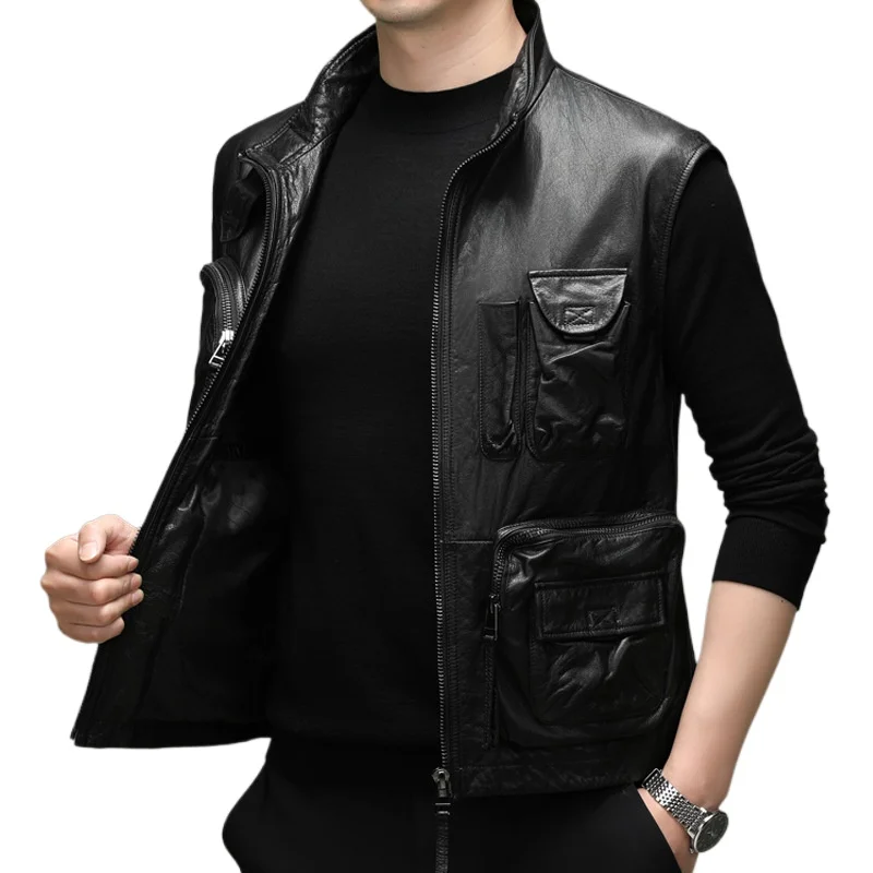 QYLVAWOY Real Leather Jacket Man Top Layer Cowhide Motorcycle Jacket Short Mens Jacket Stand Collar Coats Multi-pocket Chaquetas