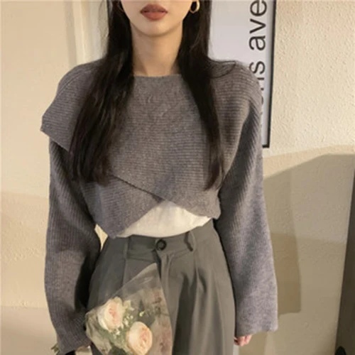 Fashion Long Sleeve Clothes Cross Irregular Knitted Sweater Women\'s Short Pullover Sweaters Autumn Winter Streetwear Y2K Tops