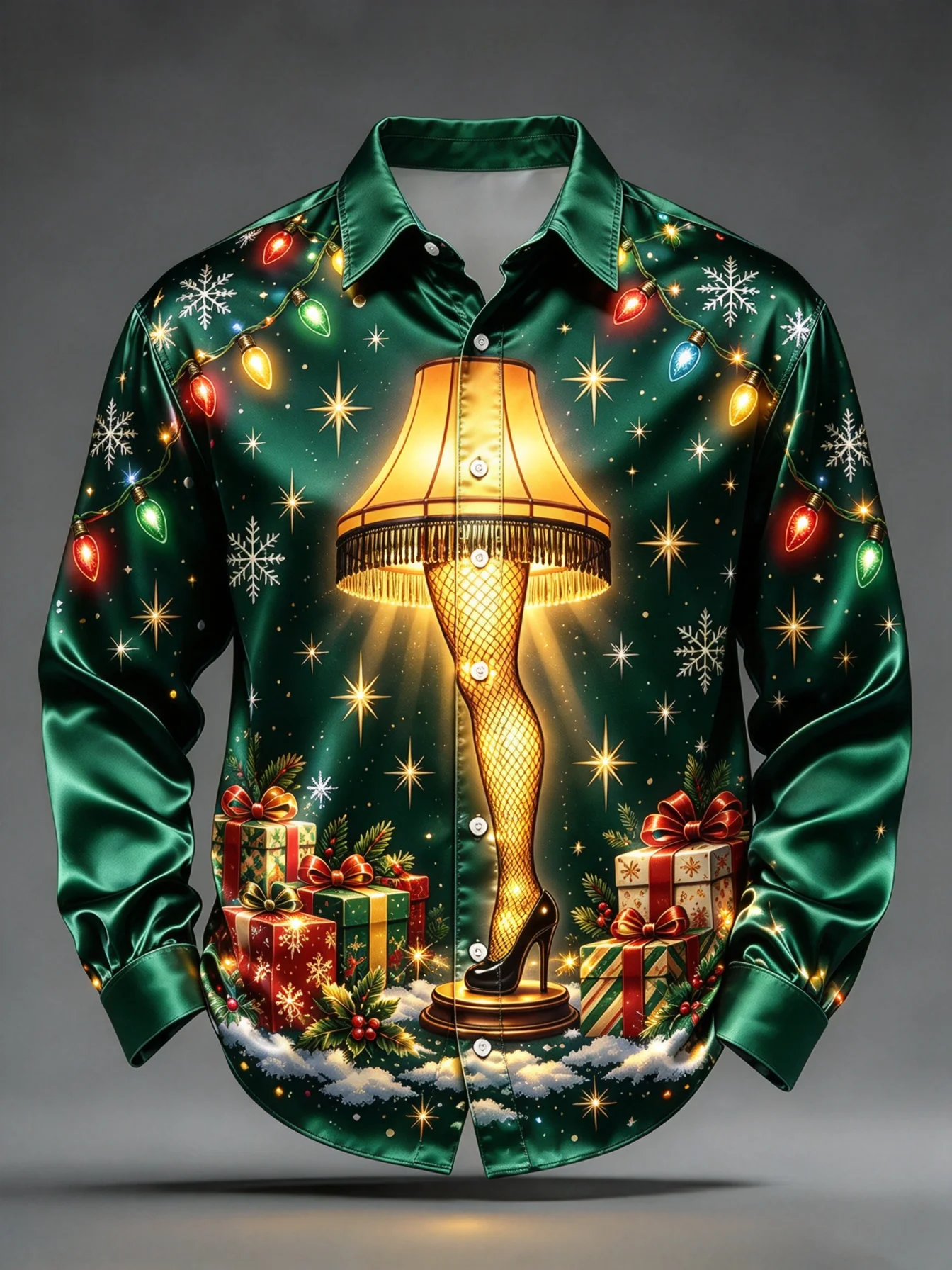 Men Satin Button Up Shirt Green Leg Lamp Gift Snowflake Print Long Sleeve Christmas Party Shirt