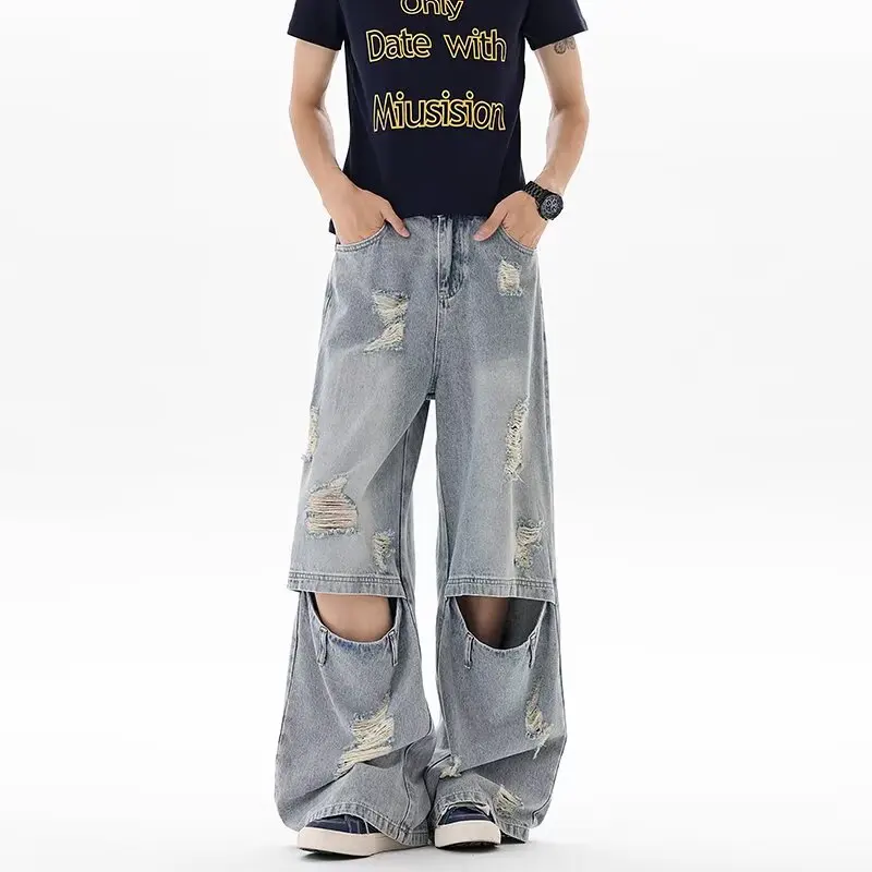 

2026 Cyber Y2K Streetwear Vintage Blue Baggy Ripped Jeans Pants For Men Clothing Distressed Straight Denim Trousers Moda Hombre