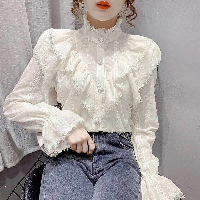 Long Sleeve Loose Spring Fashion Button White Shirt Elegant Stand Collar Pleated Tops Casual Ruffle Lace Blouse Blusas 15832