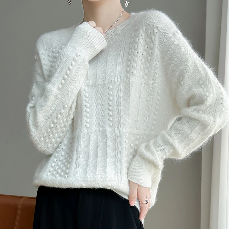 

Women's 100% Wool Sweater round Neck Pullover Knitted Autumn Winter Casual Comfortable Loose Top Versatile Bulge Design