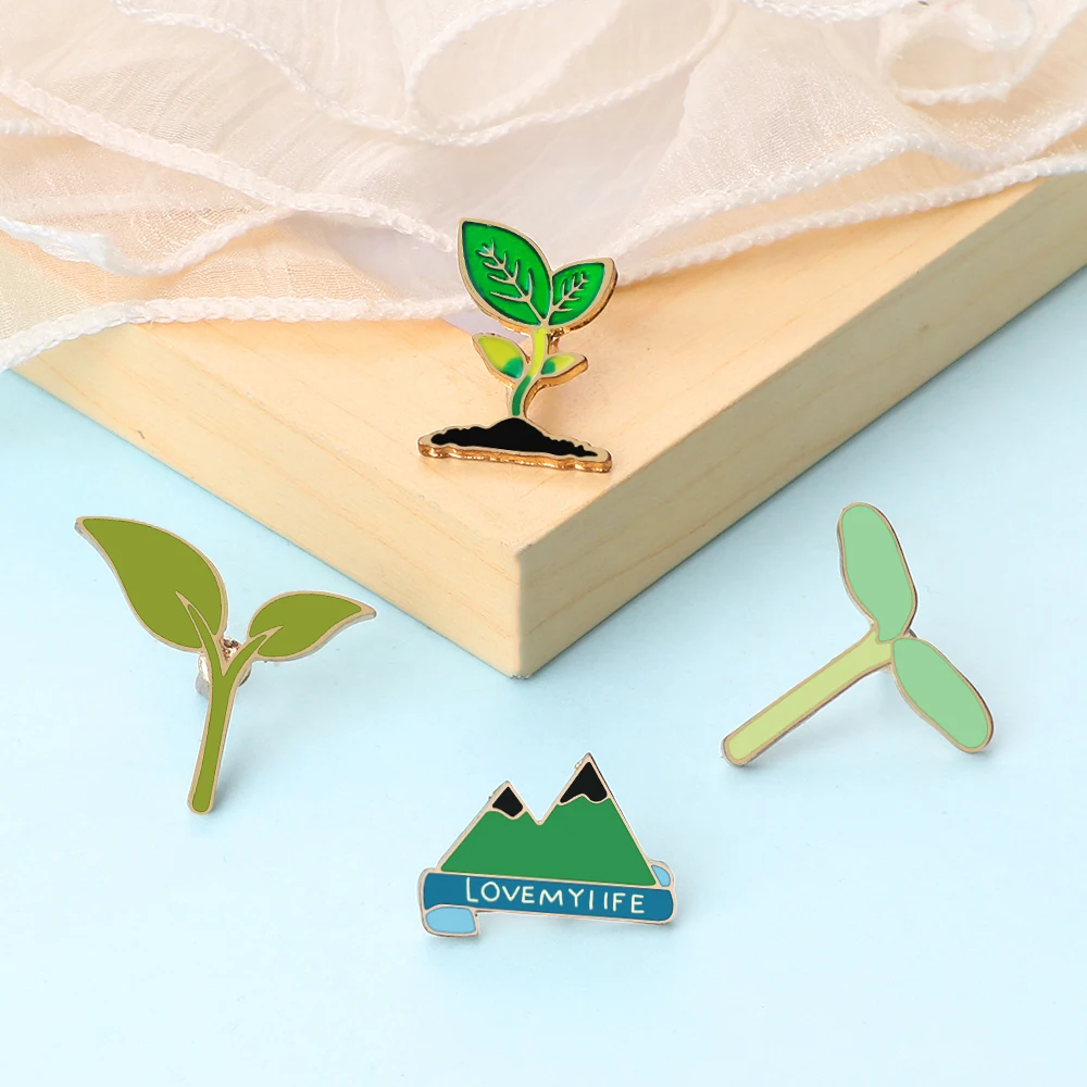 Green Heart Shape Earth Brooch Enamel Pin Creative Plant Seed Sapling Coconut Tree Maple Leaf Cactus Forest Mountain Denim Badge