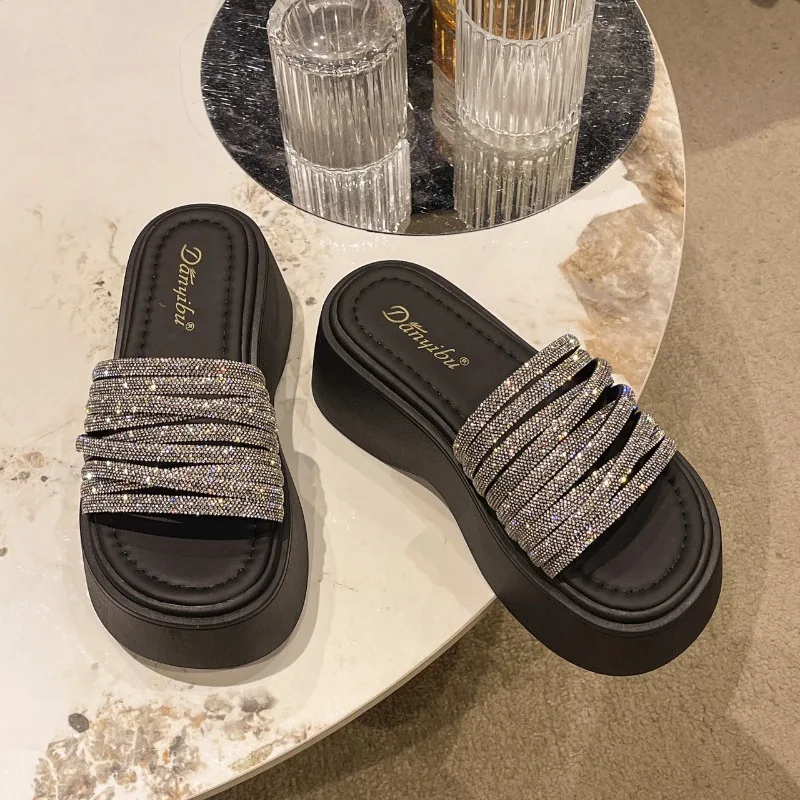 Straight Sandals Ladies Slippers Summer New Platform Women\'s Shoes Rhinestone Heightened Sandals