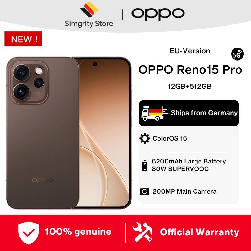 EU-Version Smartphone OPPO Reno15 Pro 5G 12 GB + 512 GB Blau, ColorOS 16.0, MediaTek Dimensity 8450, 6200 mAh, 80 W, 6,32 Zoll, 2640 × 1216 Pixel, 50 MP OIS-Kamera, NFC, Wi-Fi 6, Bluetooth 5.4, GPS,