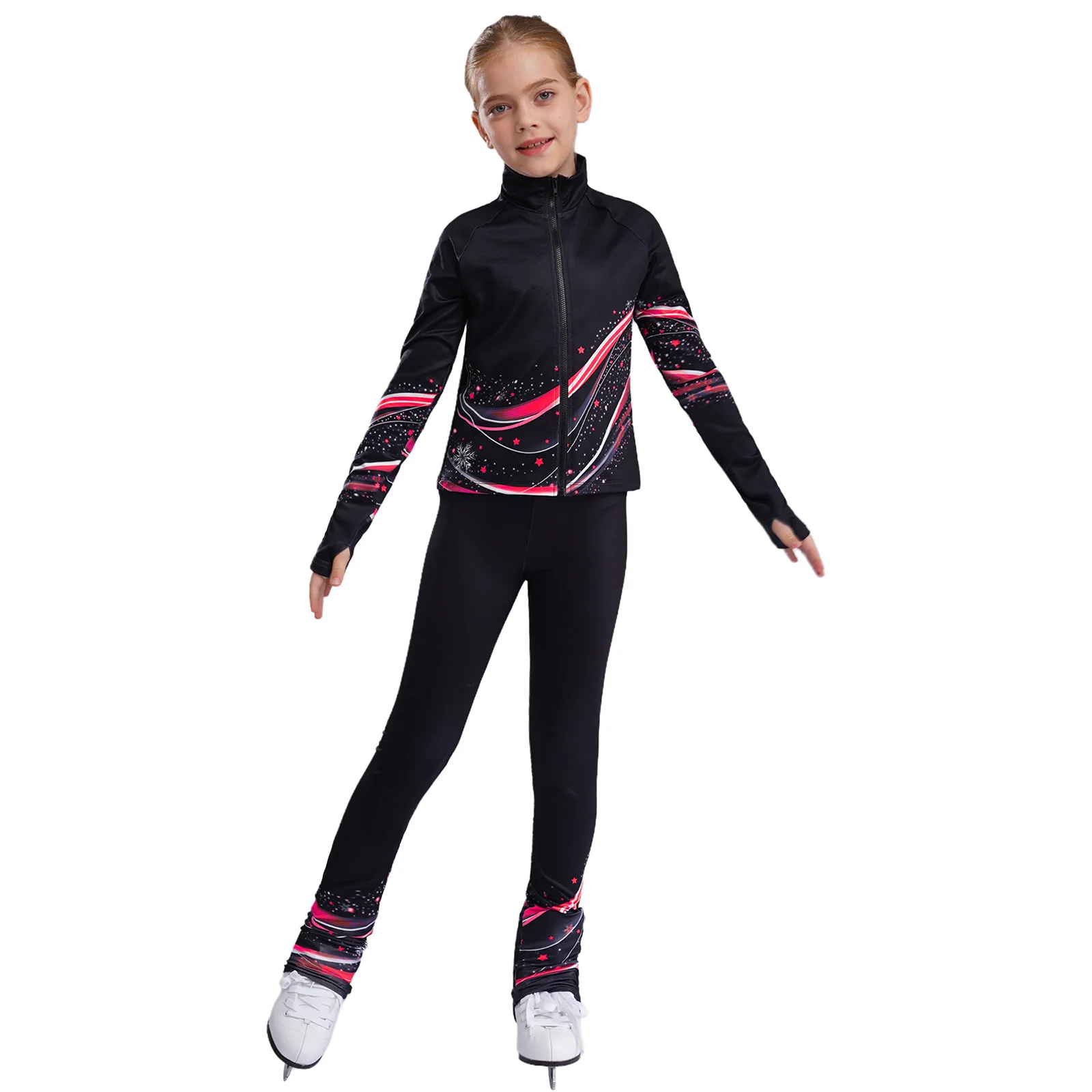 Kids Girls Figure Skating Sets Sports Outfits Stand Collar Long Sleeve Printed Sweatshirt Jacket with Leggings Gymnastics Suit