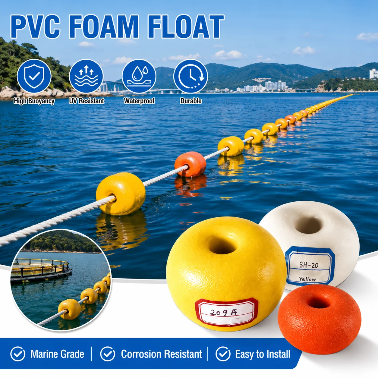Oblate Donut PVC Fishing Net Float Through Hole High Buoyancy Marine Buoy for Aquaculture Water Barrier Sea Marking Rope