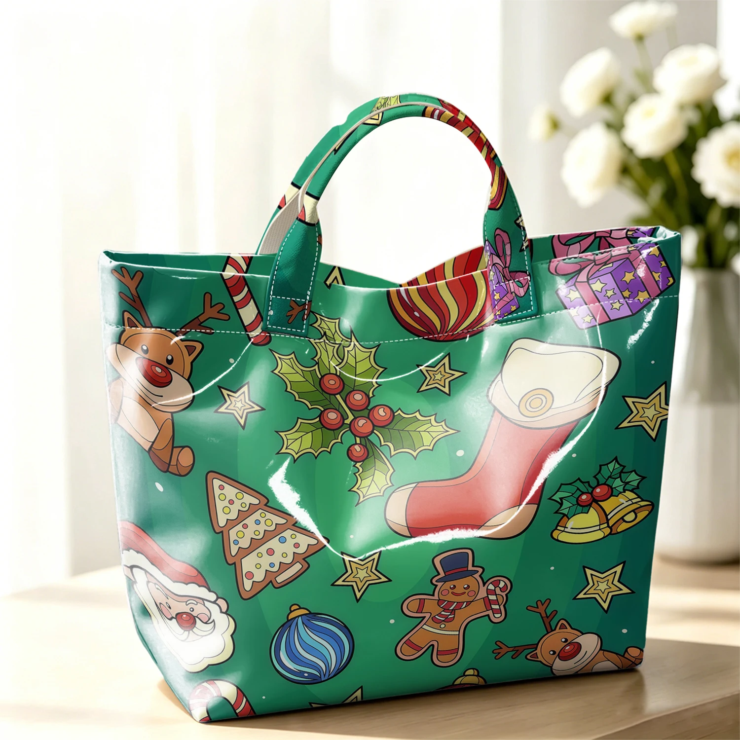 Bolsa de Mano Grande y Elegante con Iconos Navideños, de PVC Brillante, Lavable, Impermeable y Duradera, Ideal para Viajes, Cosméticos, Libros y Accesorios