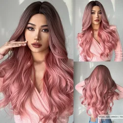 Lolita Pink Hair Long Wavy Synthetic Wigs Middle Part Dark Root Curly Wigs for Women Natural Daily Heat Resistant Fiber Wigs