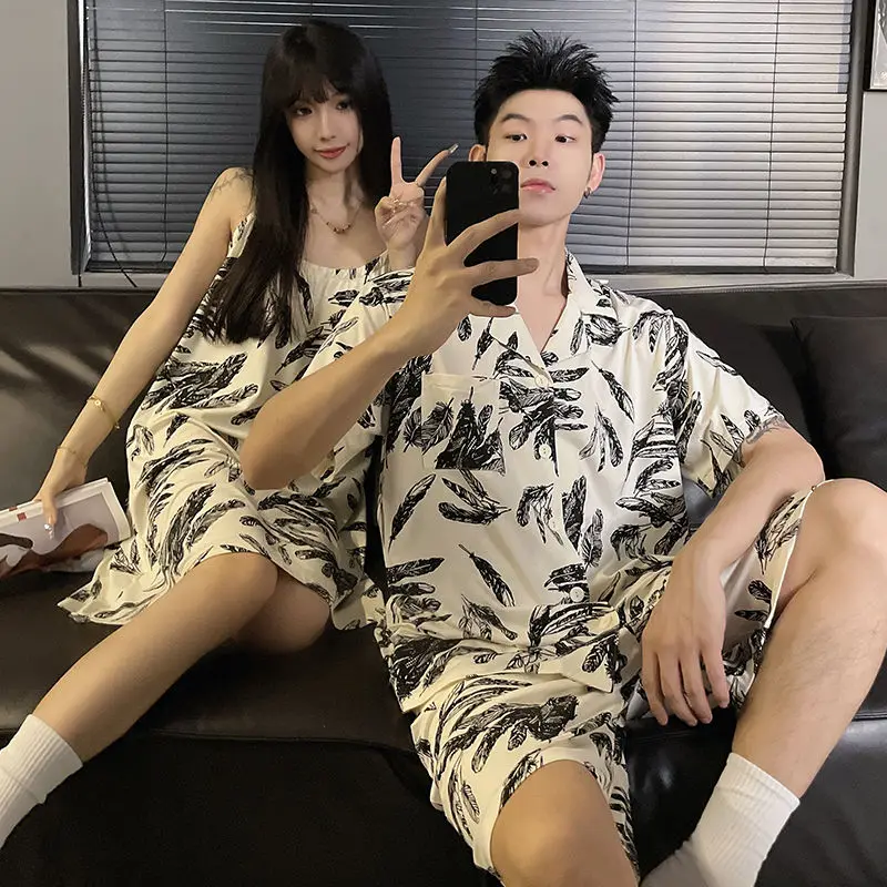 Couple pajamas summer short-sleeved thin section cute men and women short-sleeved shorts suspenders summer homewear suit