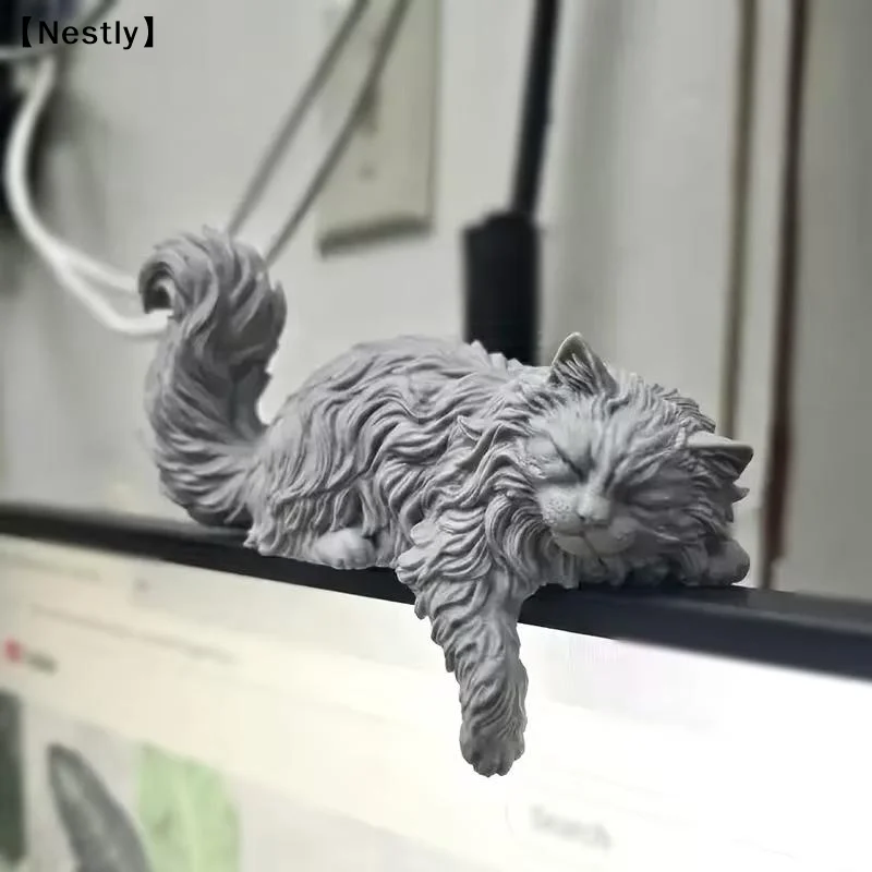 Long Hair Sleeping Cat Figurine 3D Printed Mini Pet Computer Monitor Hanging Decor Desk Ornament For Home Office Decor 〔Nest〕 view 4