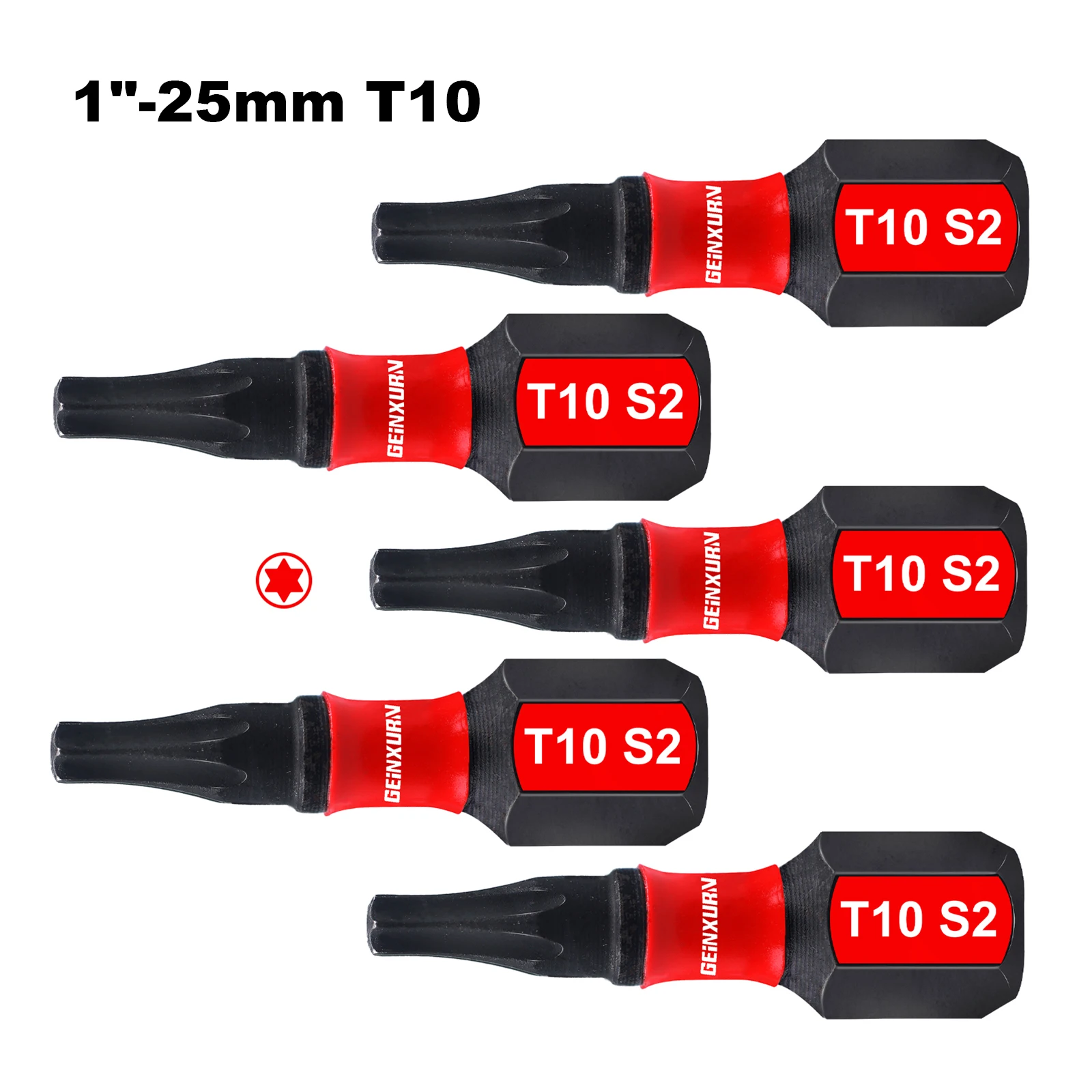 Geinxurn 1 In.Impact Tough Magnetic Power Bit Set,Torx Head Power Bits,S2 Alloy Steel Star T10 Screwdriver Bits Set